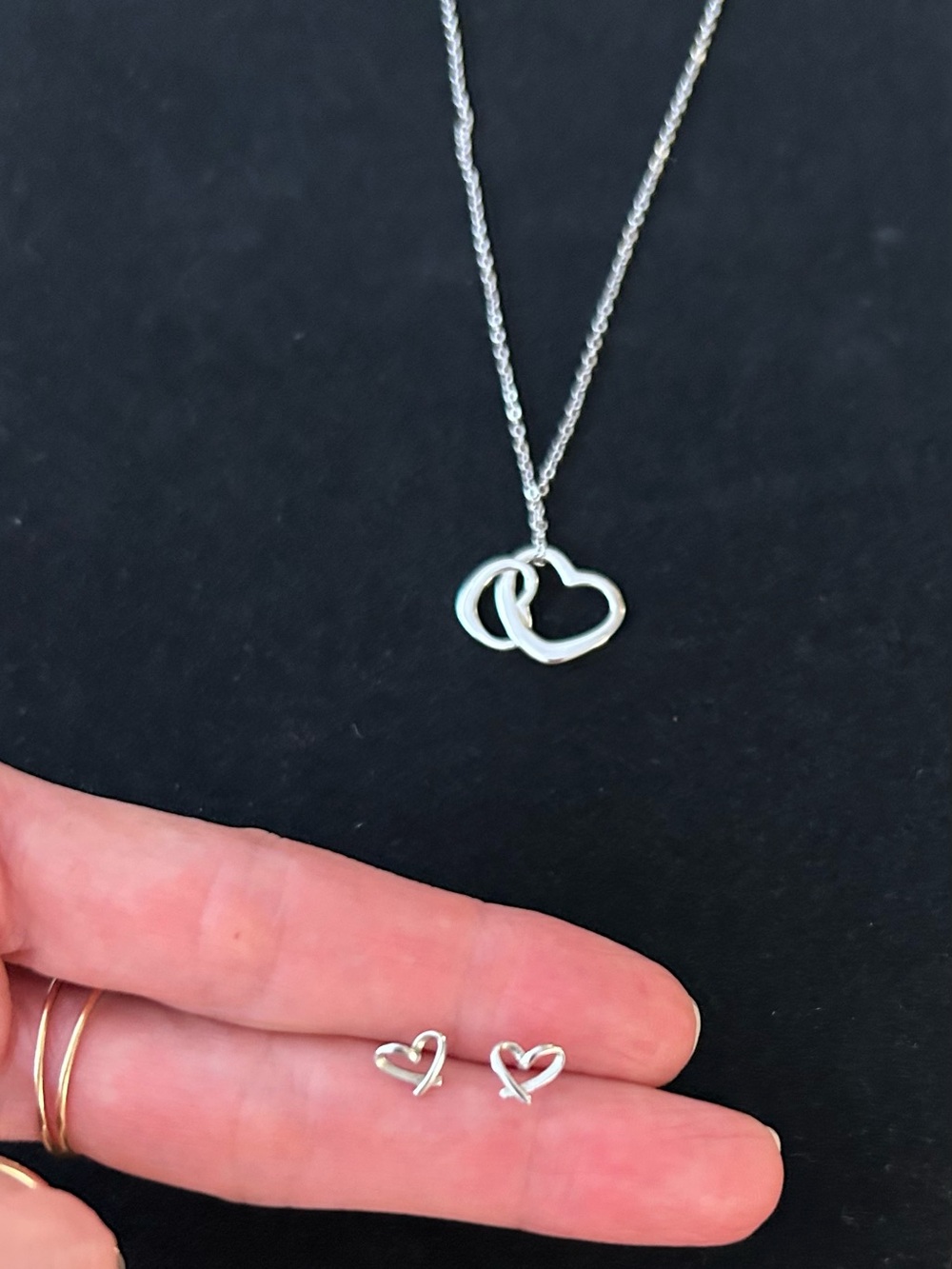 Delicate Double Heart Necklace and Heart Stud Earrings - Sterling Silver